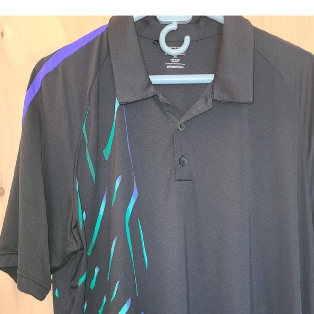 Adidas Mens 2XL Golf Polo Shirt Black Purple Green Geometric Performance XXL